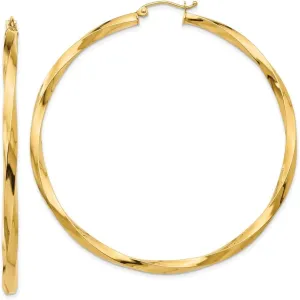 Real 14k Yellow Gold 3mm Twisted Hoop Earrings - 60mm x 3mm