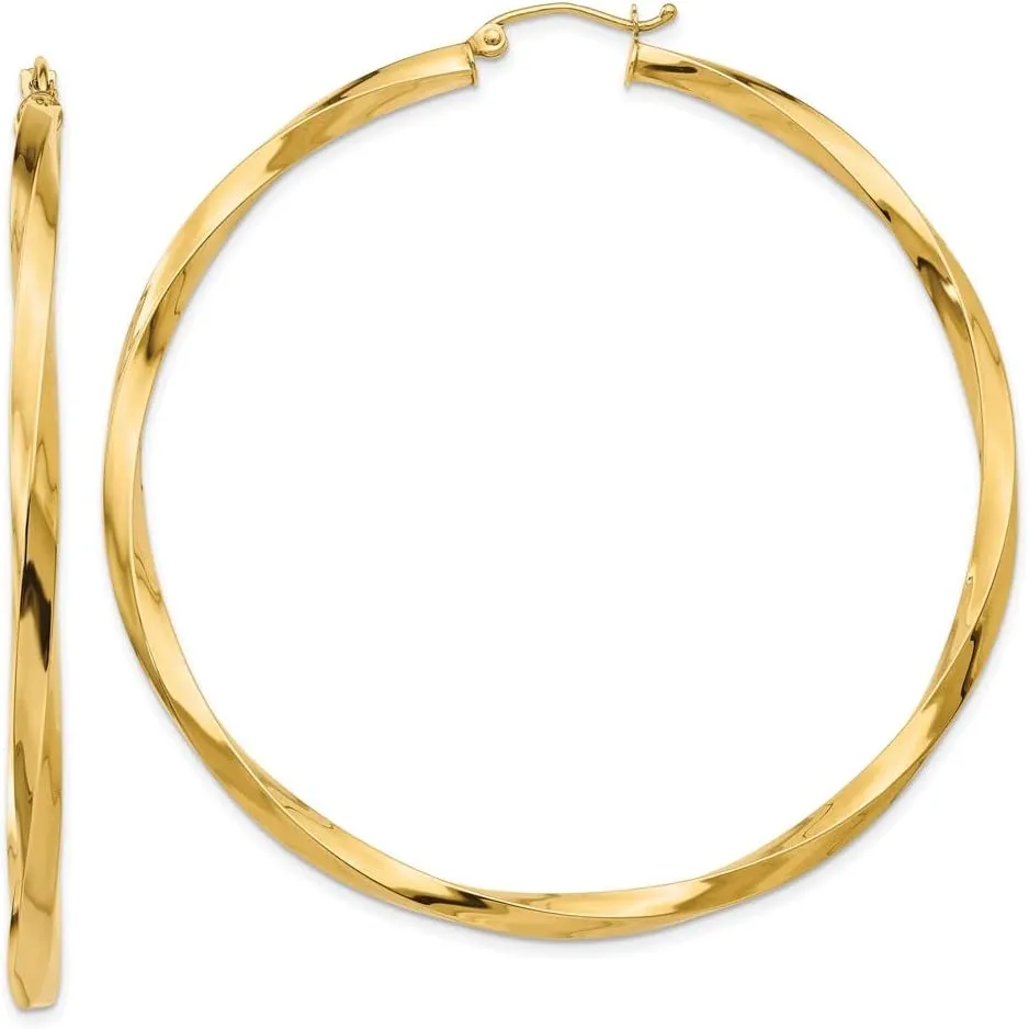 Real 14k Yellow Gold 3mm Twisted Hoop Earrings - 60mm x 3mm