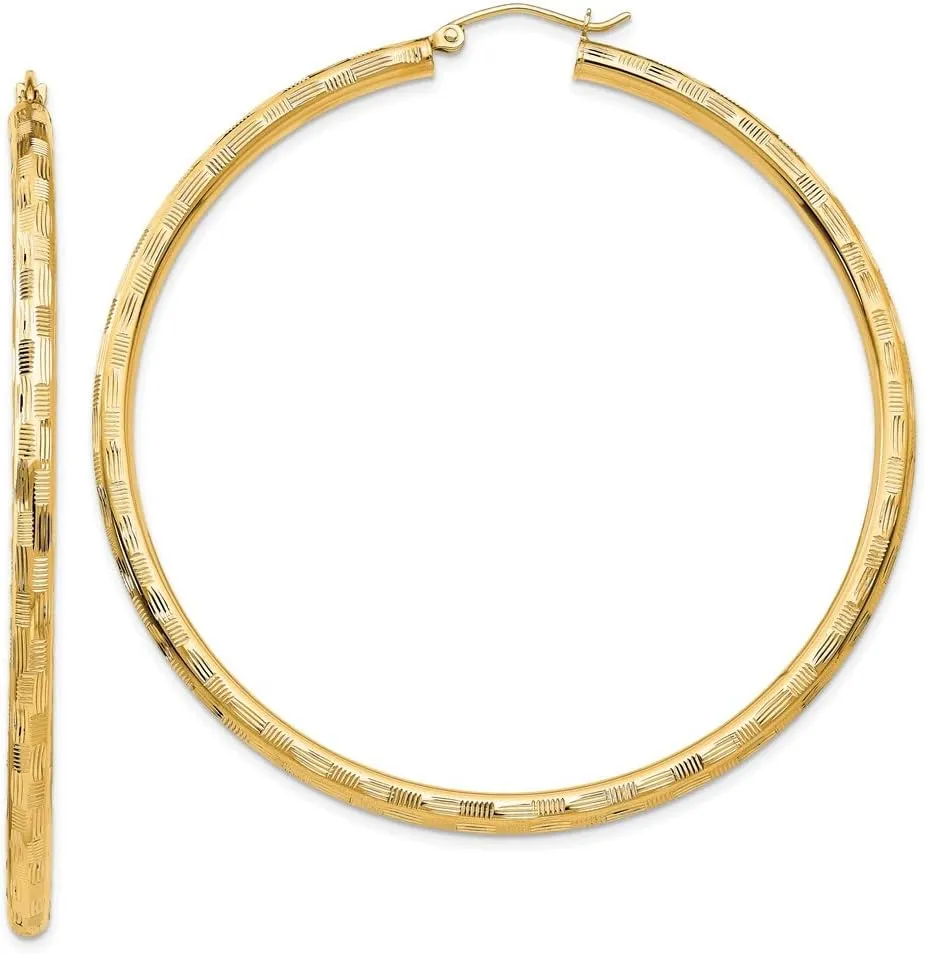 Real 14k Yellow Gold Textured Hoop Earrings 60mm