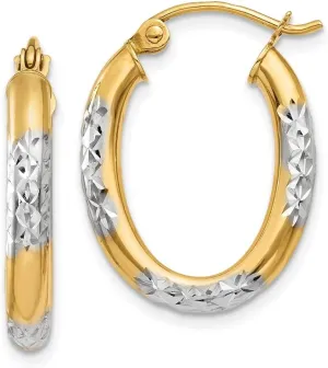 Real 14k Yellow Gold Two Toned 3mm Diamond-Cut Oval Hoop Earrings - 21mm x 15mm