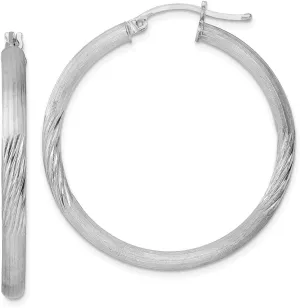 Real 925 Sterling Silver 3.00mm Diamond-cut Hoop Brushed Matte Finish Earrings - 36mm x 34mm