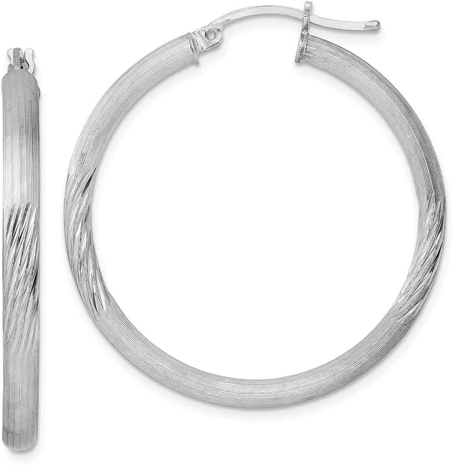 Real 925 Sterling Silver 3.00mm Diamond-cut Hoop Brushed Matte Finish Earrings - 36mm x 34mm