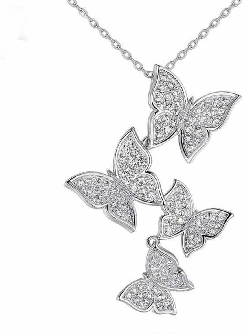 Real 925 Sterling Silver Long Zircon Butterfly Necklaces Pendant Fashion Sterling Silver Jewelry Statement Chain Necklace for Women Ladies Girls Gifts