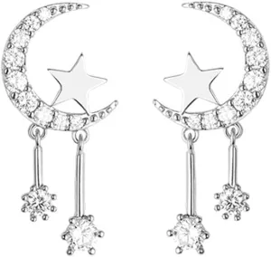 Reffeer 925 Sterling Silver Crescent Moon Star Earrings Studs for Women Teens CZ Moon Studs Earrings Star Tassel Earrings
