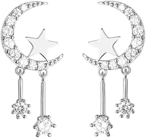 Reffeer 925 Sterling Silver Crescent Moon Star Earrings Studs for Women Teens CZ Moon Studs Earrings Star Tassel Earrings
