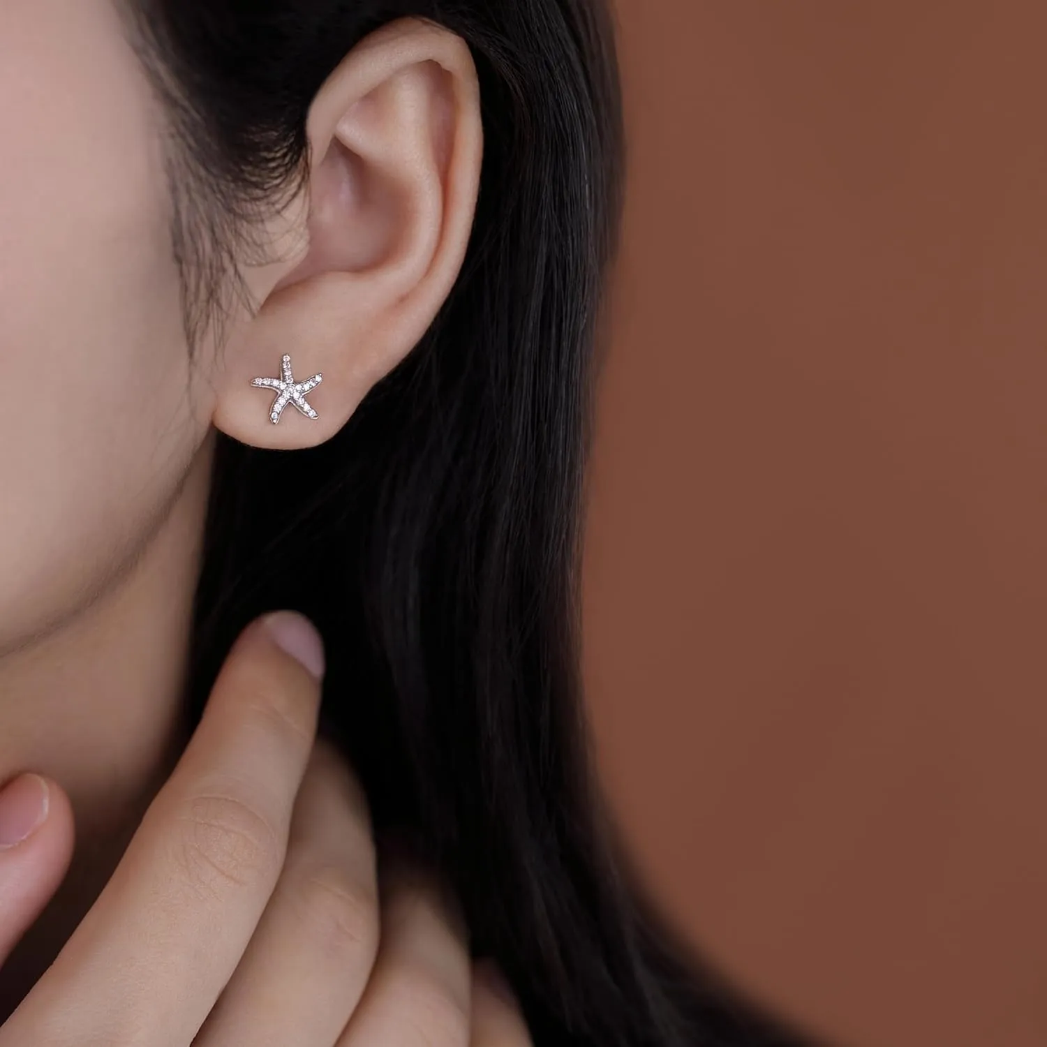 Reffeer Solid 925 Sterling Silver CZ Starfish Stud Earrings for Women Teens Beach Stud Earrings Sea Fish Earrings