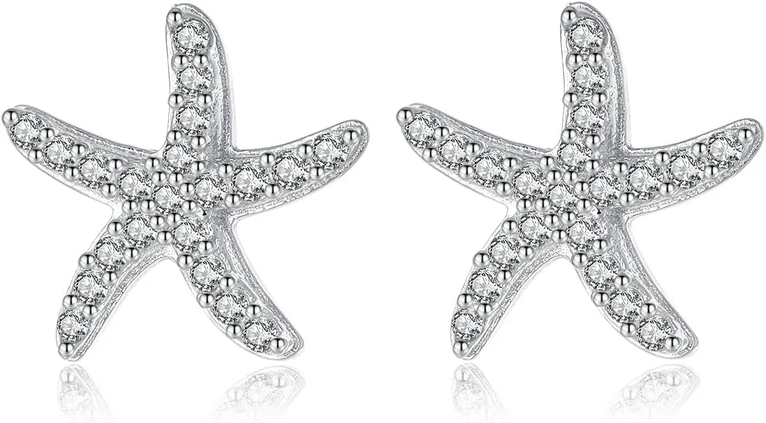 Reffeer Solid 925 Sterling Silver CZ Starfish Stud Earrings for Women Teens Beach Stud Earrings Sea Fish Earrings