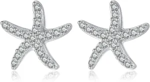 Reffeer Solid 925 Sterling Silver CZ Starfish Stud Earrings for Women Teens Beach Stud Earrings Sea Fish Earrings