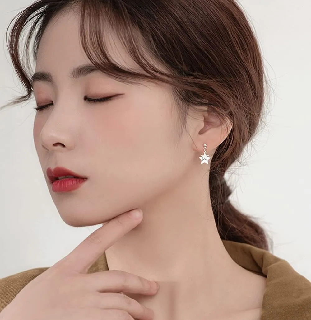 Reffeer Solid 925 Sterling Silver Double Star Stud Earrings for Women Teens Small Star Stud Earrings Drops