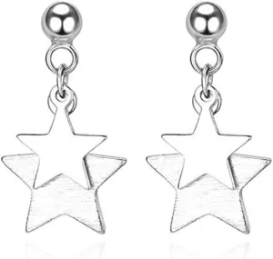 Reffeer Solid 925 Sterling Silver Double Star Stud Earrings for Women Teens Small Star Stud Earrings Drops