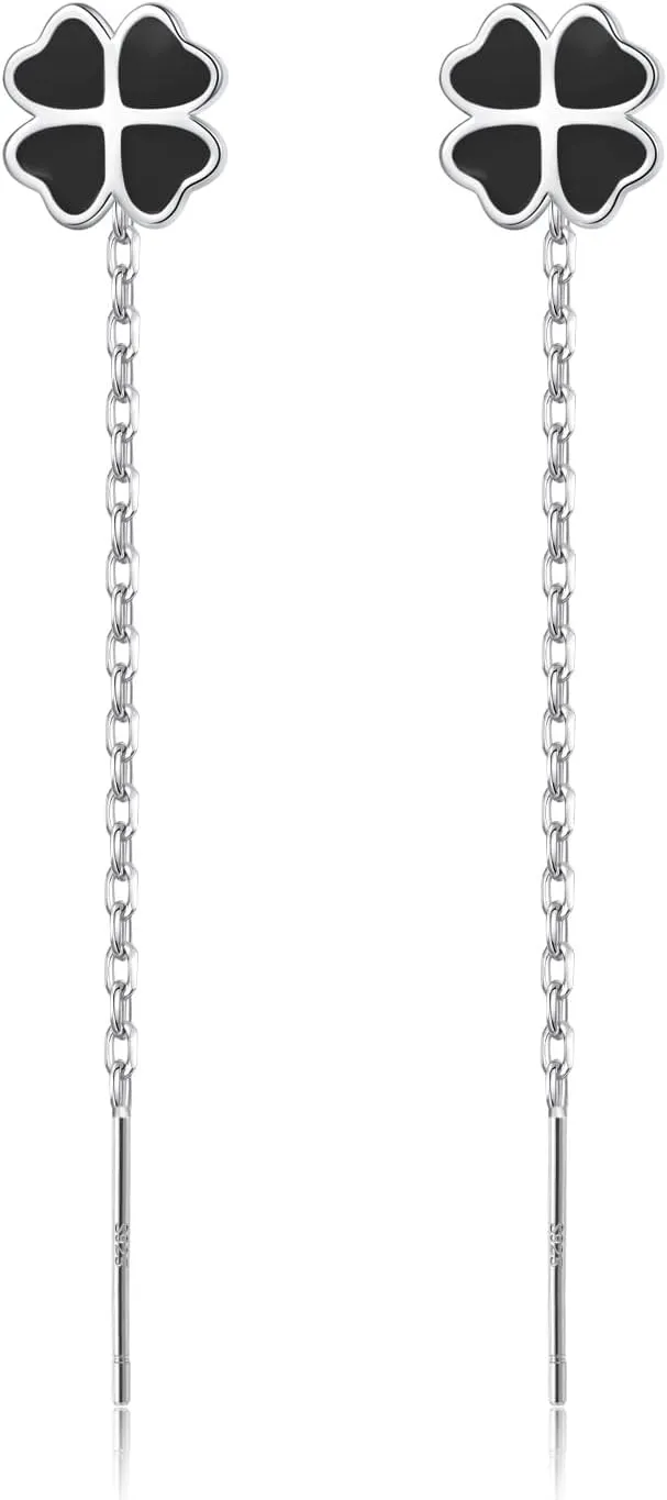Reffeer Solid 925 Sterling Silver Leaf Clover Dangle Earrings Chain for Women Teens Girls Black Leaf Tassel Drop Earrings Threader St. Patricks Earrings (A-Silver)