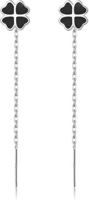 Reffeer Solid 925 Sterling Silver Leaf Clover Dangle Earrings Chain for Women Teens Girls Black Leaf Tassel Drop Earrings Threader St. Patricks Earrings (A-Silver)
