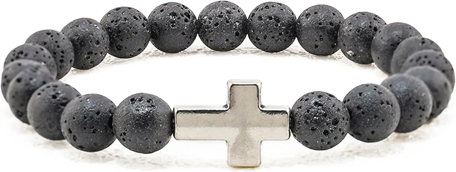 Religious Bracelet 8mm Black adjustable Beaded Cuff Charm Bracelets for son Husband Elegant Cross Bracelet