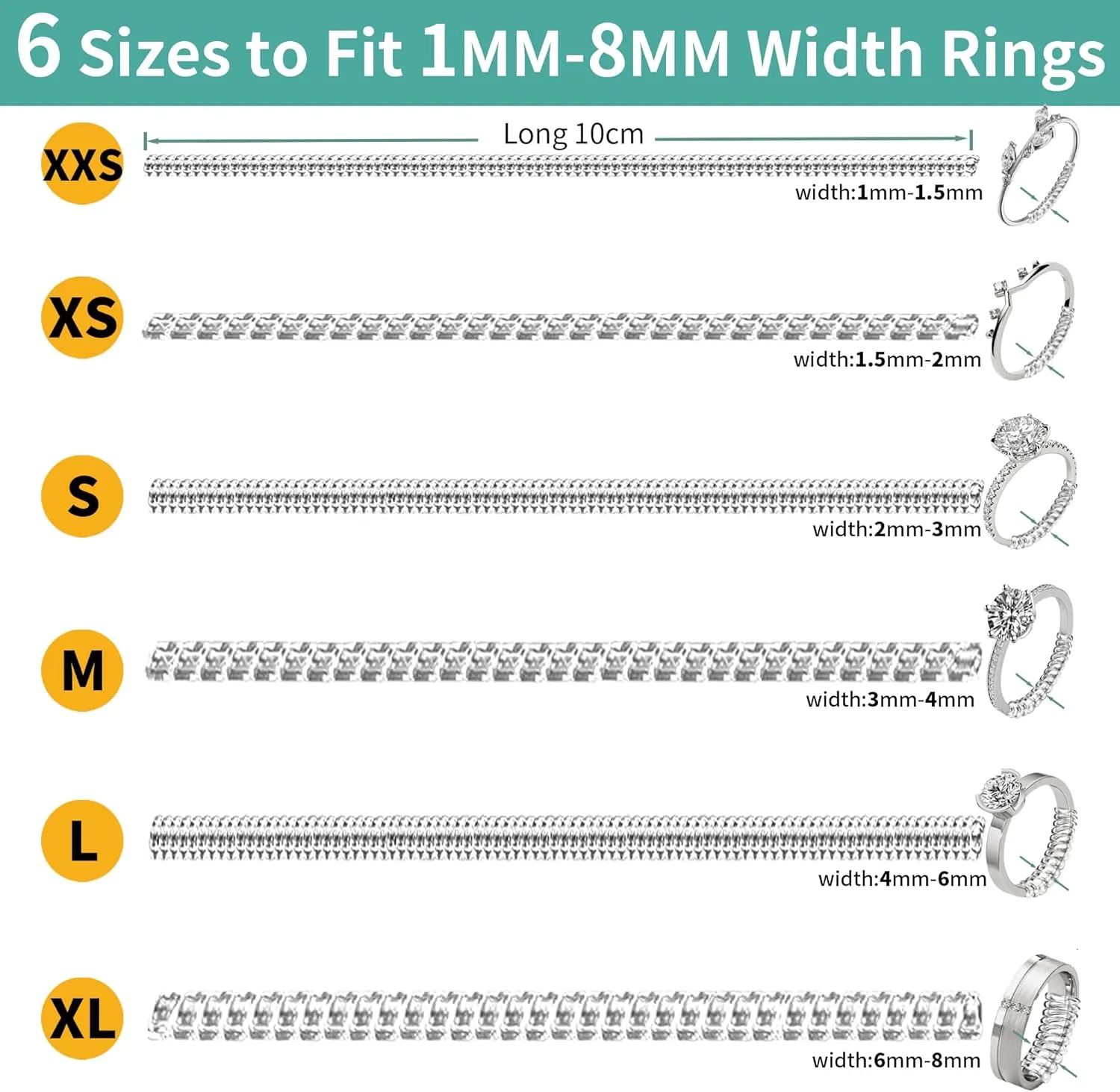 Ring Size Adjuster for Loose Rings,12 Pack-6 Sizes Plastic Guards Jewelry Fitter Resizer,Invisible Coil Wrap Ring Tightener for Women and Men, Inserts Make Rings Smaller Without Resizing (Clear)