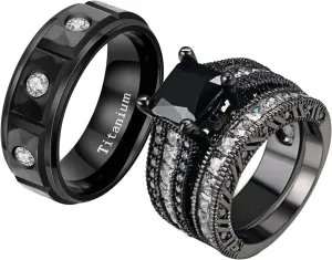 ringheart 2 Black Rings His and Hers Ring Couple Rings 8mm Princess Cut 8mm Cz Womens Wedding Ring Sets Titanium Steel Mens Wedding Bands