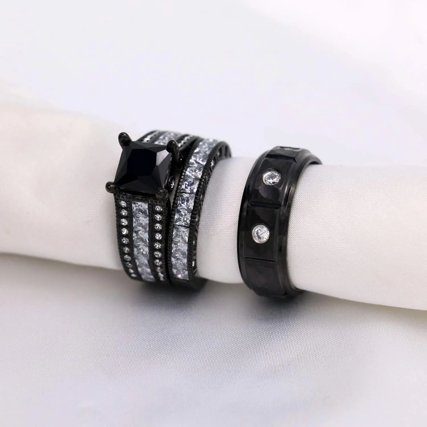 ringheart 2 Black Rings His and Hers Ring Couple Rings 8mm Princess Cut 8mm Cz Womens Wedding Ring Sets Titanium Steel Mens Wedding Bands