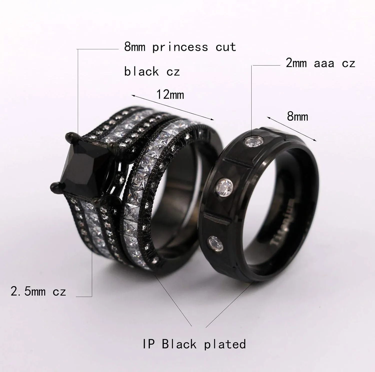 ringheart 2 Black Rings His and Hers Ring Couple Rings 8mm Princess Cut 8mm Cz Womens Wedding Ring Sets Titanium Steel Mens Wedding Bands