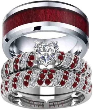 ringheart 2 Rings Couple Rings White Gold Filled Heart Cut Cz Red Rhinestone Womens Wedding Ring Sets Stainless Steel Man Ring Band