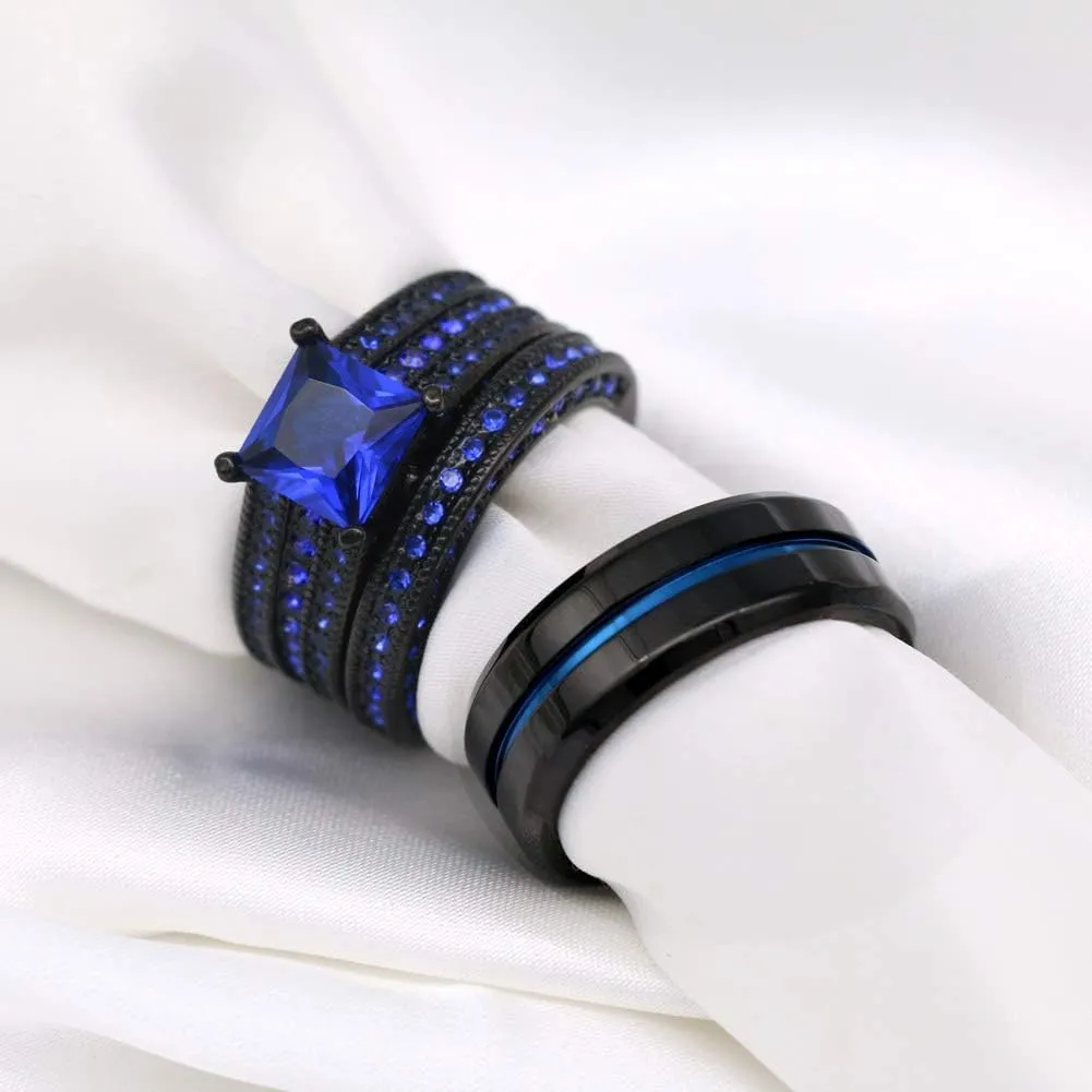 ringheart Couple Rings Black Plated Round cut Blue Cz Womens Wedding Ring Sets Stainless Steel Men Wedding Band