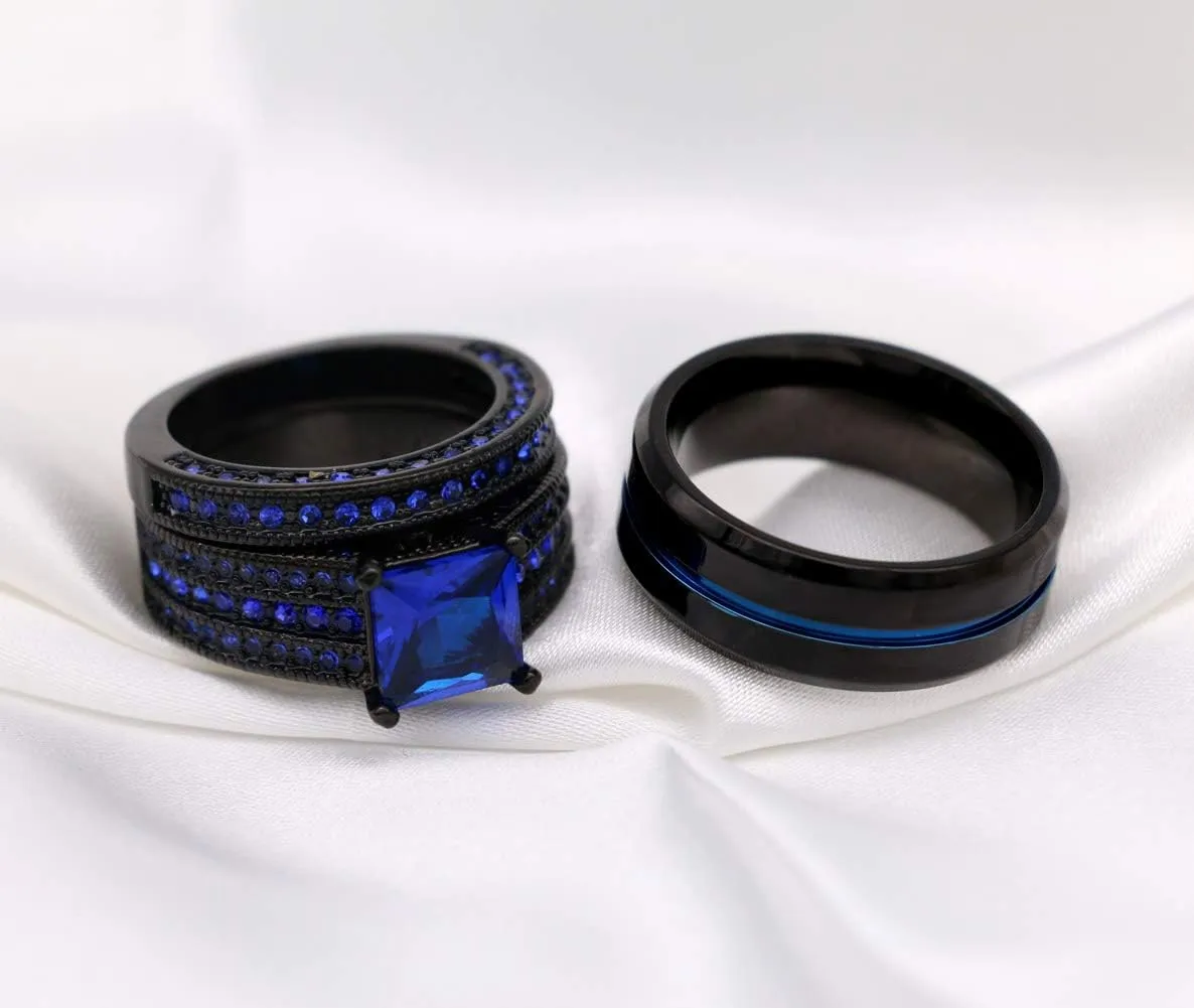 ringheart Couple Rings Black Plated Round cut Blue Cz Womens Wedding Ring Sets Stainless Steel Men Wedding Band