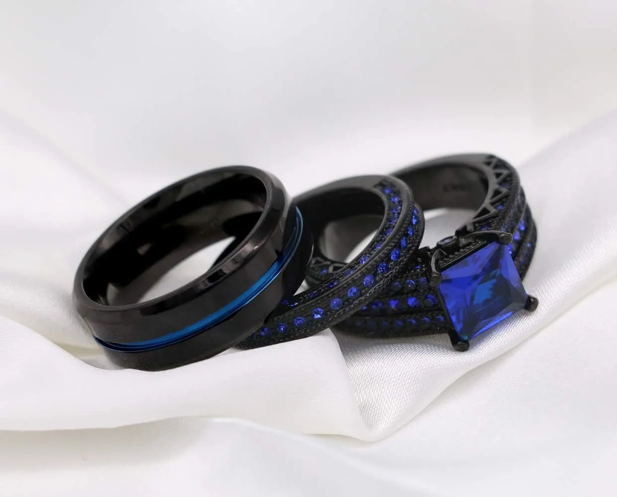 ringheart Couple Rings Black Plated Round cut Blue Cz Womens Wedding Ring Sets Stainless Steel Men Wedding Band