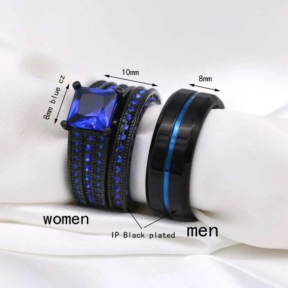 ringheart Couple Rings Black Plated Round cut Blue Cz Womens Wedding Ring Sets Stainless Steel Men Wedding Band