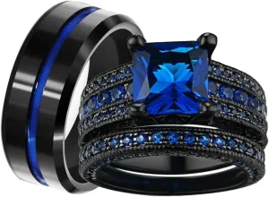 ringheart Couple Rings Black Plated Round cut Blue Cz Womens Wedding Ring Sets Stainless Steel Men Wedding Band