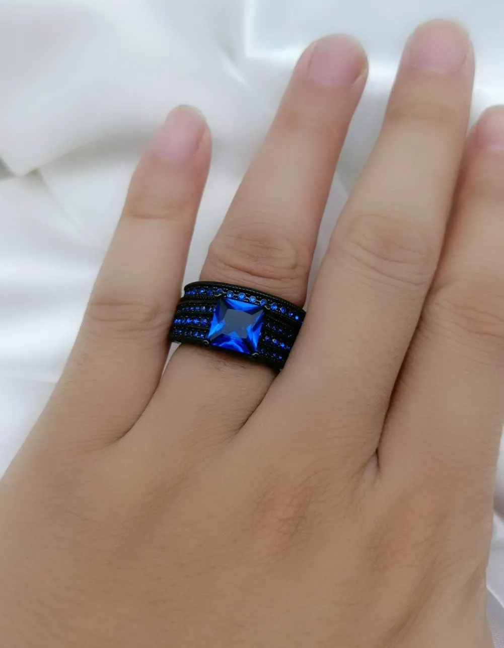 ringheart Couple Rings Black Plated Round cut Blue Cz Womens Wedding Ring Sets Stainless Steel Men Wedding Band