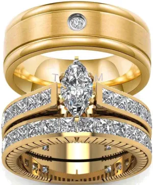 ringheart Couple Rings Yellow Gold Filled Marquise cut Cz Womens Wedding Ring Sets Titanium Men's Wedding Band