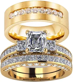 ringheart Couple Rings Yellow Gold Filled Princess Cut 8 * 8mm Cz Womens Wedding Ring Sets Titanium Men's Wedding BandPlease Buy 2 Rings for 1 Pair