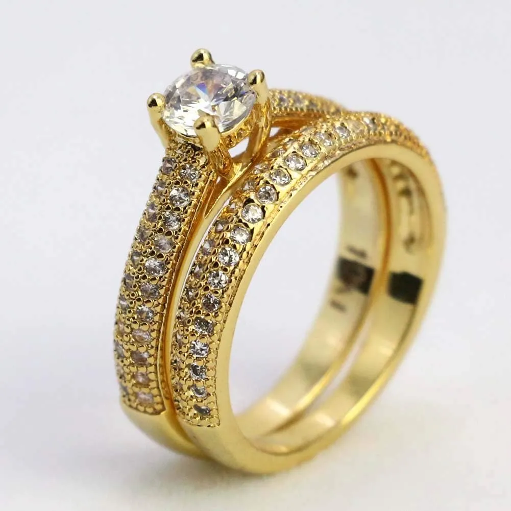 ringheart Couple Rings Yellow Gold Filled Round Cut 5mm Cz Womens Wedding Ring Sets Titanium Men's Wedding BandPlease Buy 2 Rings for 1 Pair