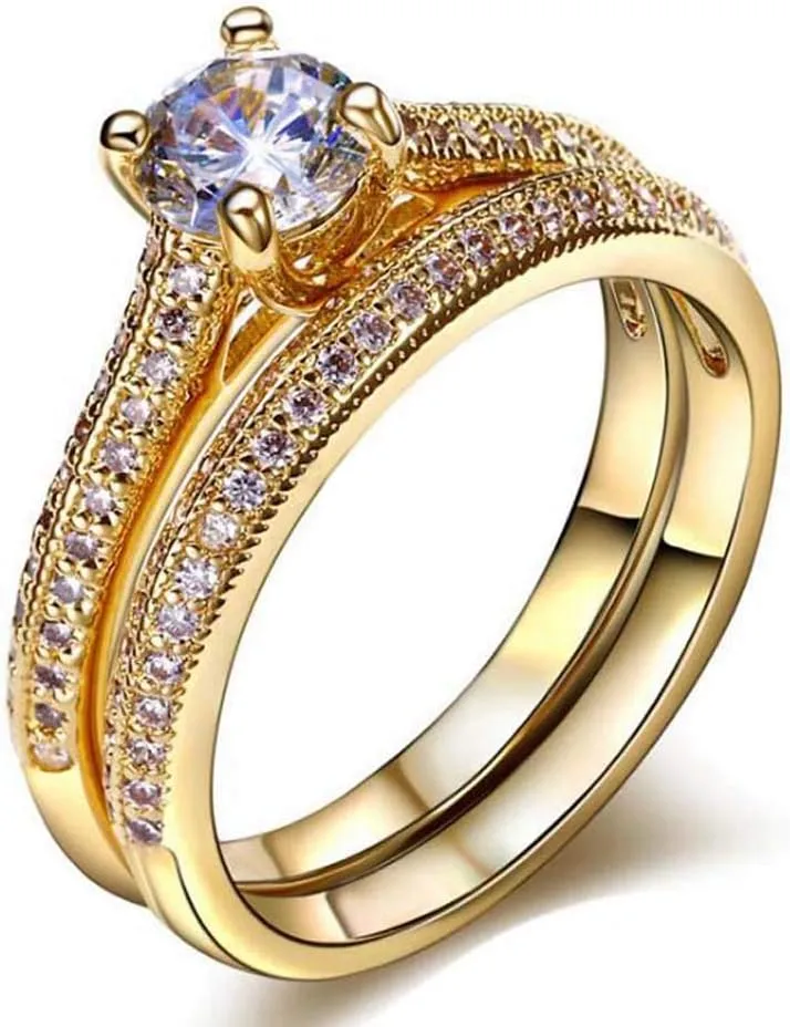 ringheart Couple Rings Yellow Gold Filled Round Cut 5mm Cz Womens Wedding Ring Sets Titanium Men's Wedding BandPlease Buy 2 Rings for 1 Pair