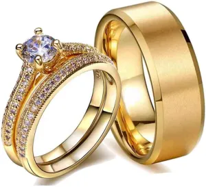 ringheart Couple Rings Yellow Gold Filled Round Cut 5mm Cz Womens Wedding Ring Sets Titanium Men's Wedding BandPlease Buy 2 Rings for 1 Pair