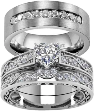 ringheart Matching Rings Couple Rings White Gold Plated Heart Cut Cz Womens Wedding Ring Sets Titanium Steel Man Ring(Please Buy 2 Rings for 1 Pair