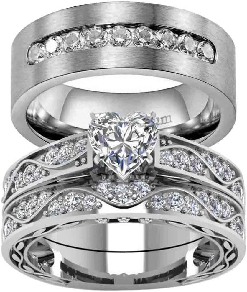 ringheart Matching Rings Couple Rings White Gold Plated Heart Cut Cz Womens Wedding Ring Sets Titanium Steel Man Ring(Please Buy 2 Rings for 1 Pair