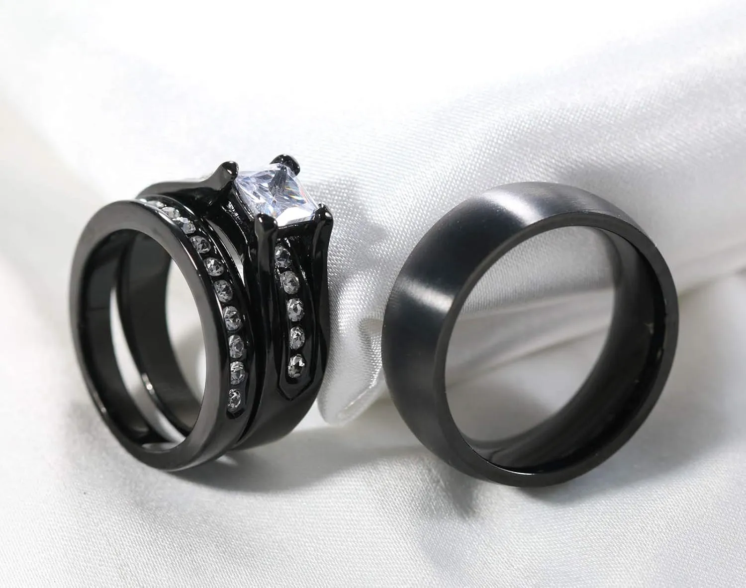 Round Cz Couple Rings Black Gold Filled 3pc Womens Wedding Ring Sets Titanium Men's Ring BandPlease Buy 2 Rings for 1 Pair