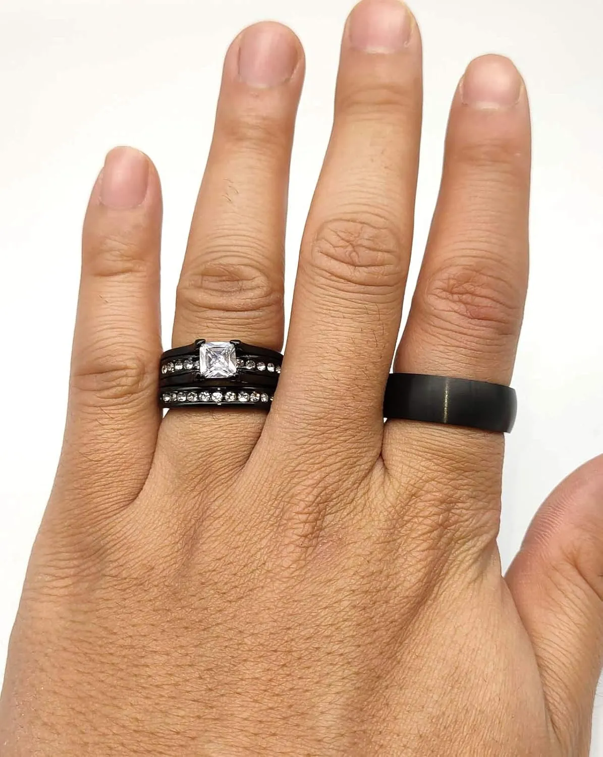 Round Cz Couple Rings Black Gold Filled 3pc Womens Wedding Ring Sets Titanium Men's Ring BandPlease Buy 2 Rings for 1 Pair