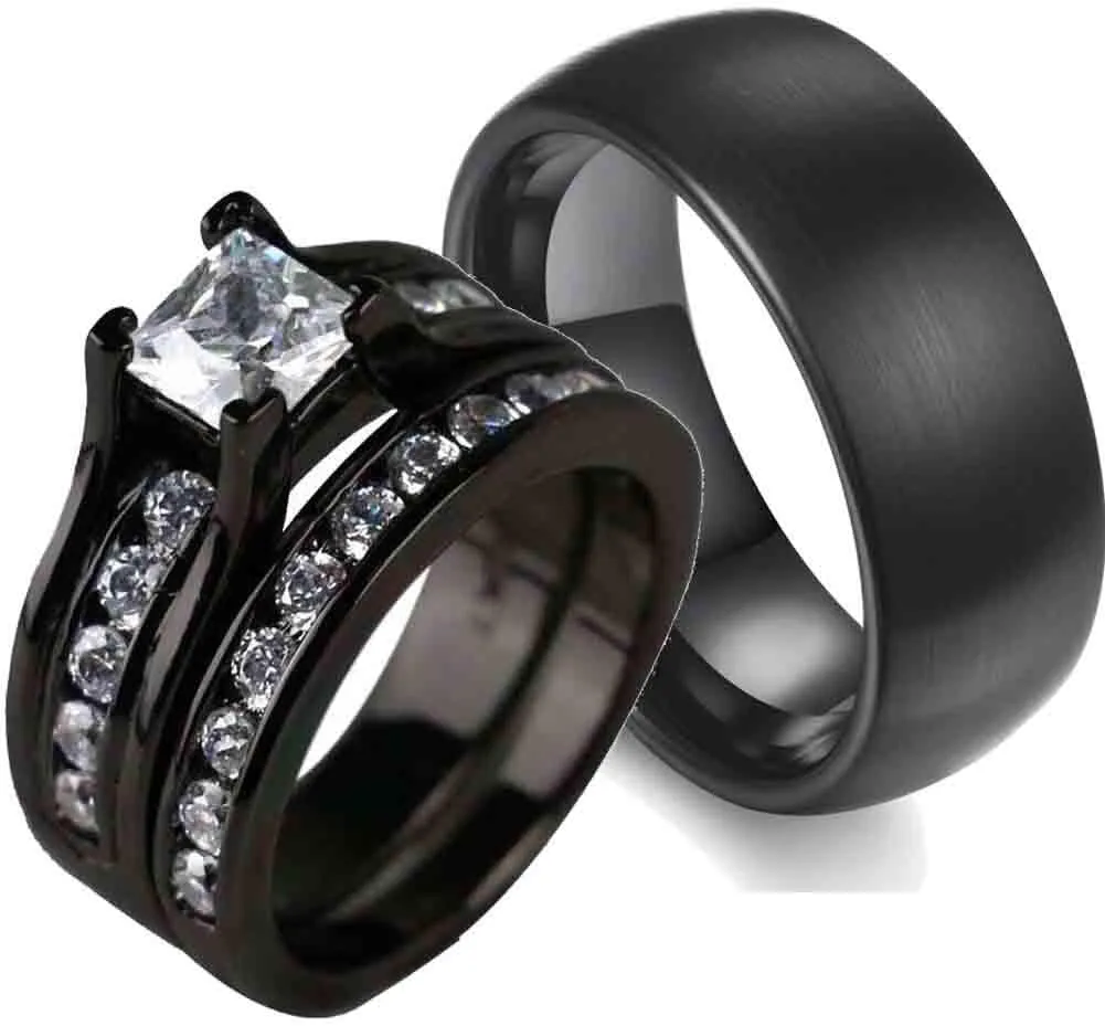 Round Cz Couple Rings Black Gold Filled 3pc Womens Wedding Ring Sets Titanium Men's Ring BandPlease Buy 2 Rings for 1 Pair
