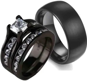 Round Cz Couple Rings Black Gold Filled 3pc Womens Wedding Ring Sets Titanium Men's Ring BandPlease Buy 2 Rings for 1 Pair