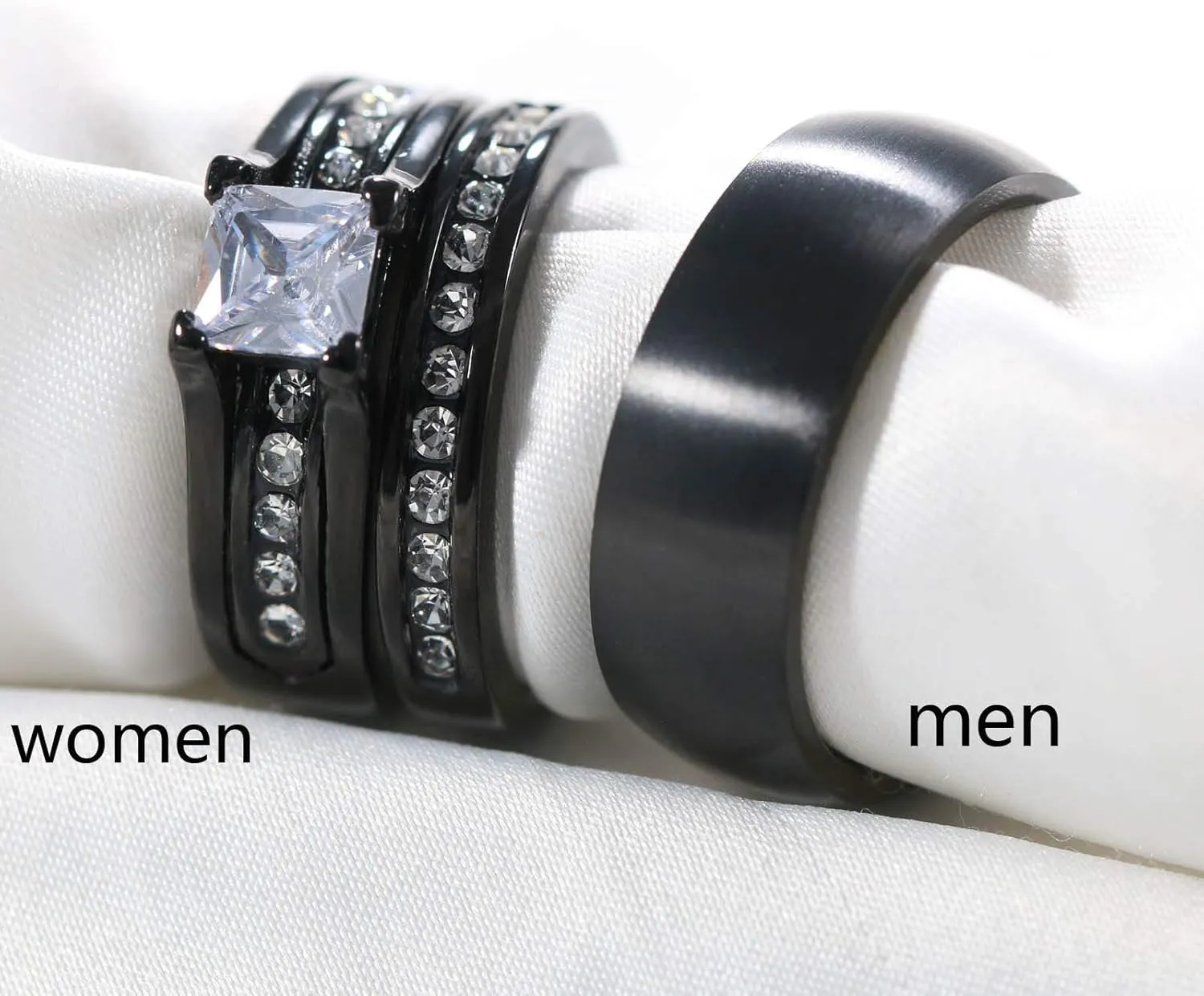 Round Cz Couple Rings Black Gold Filled 3pc Womens Wedding Ring Sets Titanium Men's Ring BandPlease Buy 2 Rings for 1 Pair