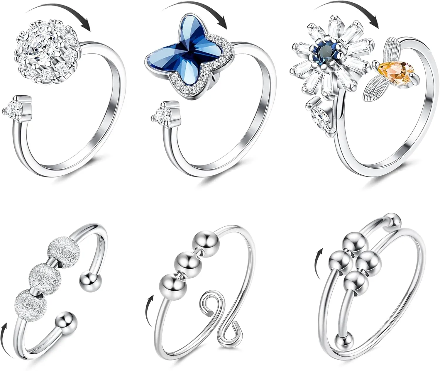 SAILIMUE 3/6 Pcs Fidget Anxiety Rings for Women Adjustable Open Ring Set Spinner Fidget Rings for Anxiety Cubic Zirconia Flower Butterfly Bead Stress Relief Stackable Rings