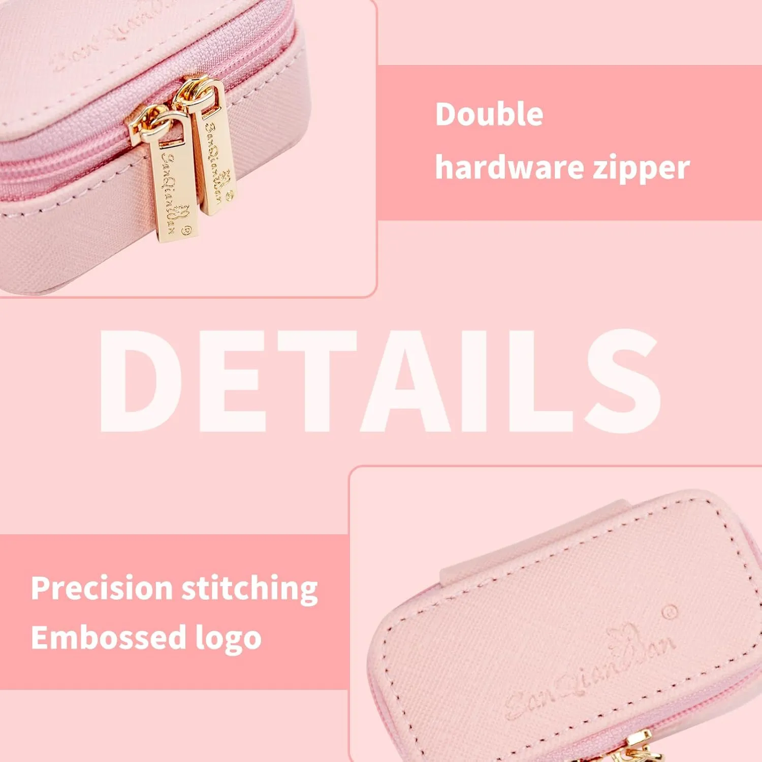 SANQIANWAN Luxury Mini Travel Ring Box for Women,Portable Leather jewelry Case Organizer for Rings Earrings Necklaces,Gift for Wife Girls Friends Family (Pink)