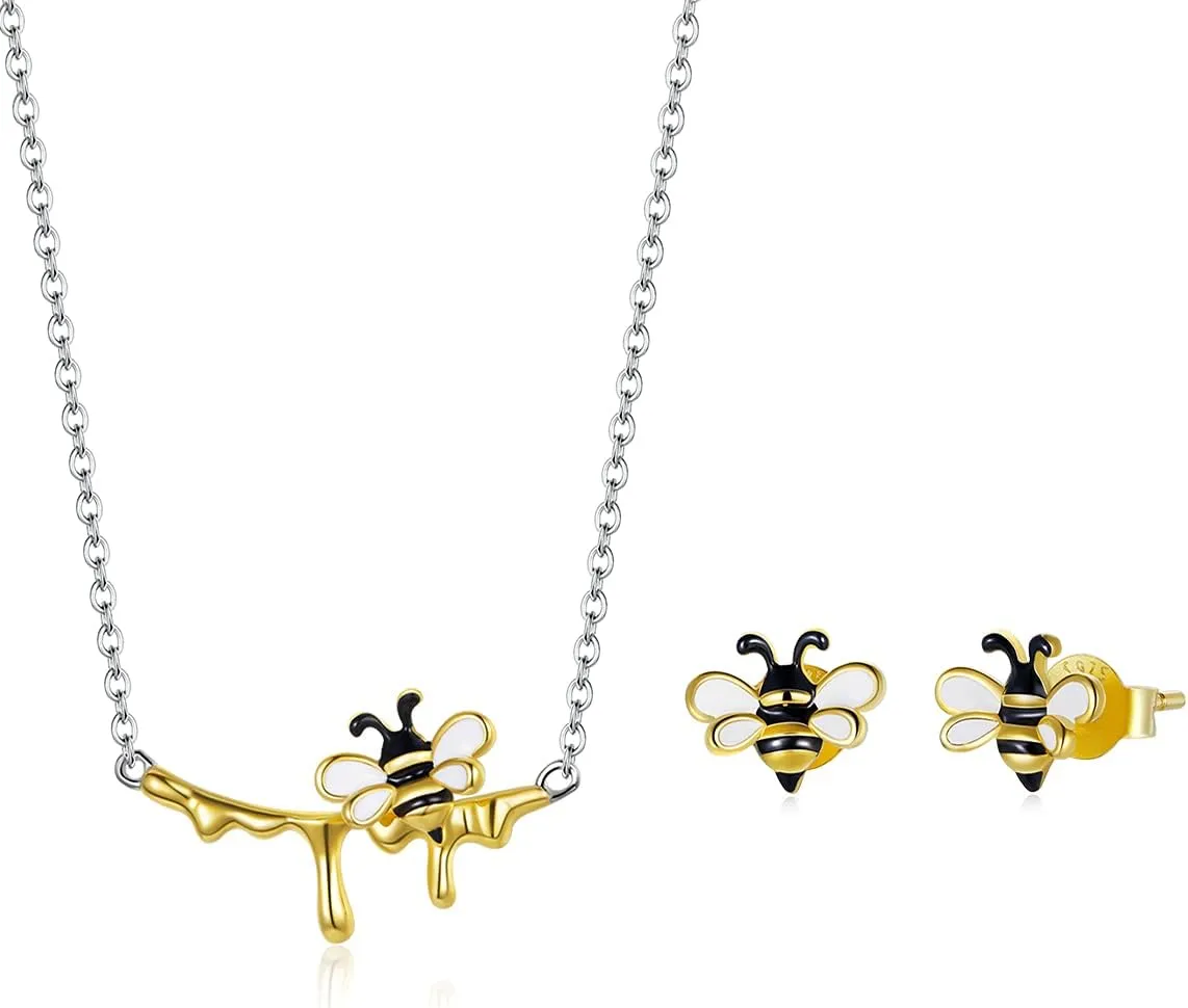 Shysnow Bee Earrings Honey Necklace Cute Animal Bees Set 925 Sterling Silver Small 14K Gold Plated Enamel Queen Bees Bumblebee Set