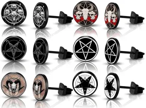 SIISPRI 6Pairs Satan Goat Head Stud Earrings Mens Earrings Set Hypoallergenic Surgical Punk Magic Pentagram Stainless Steel Round Circle Button Stud Post Earrings 10MM