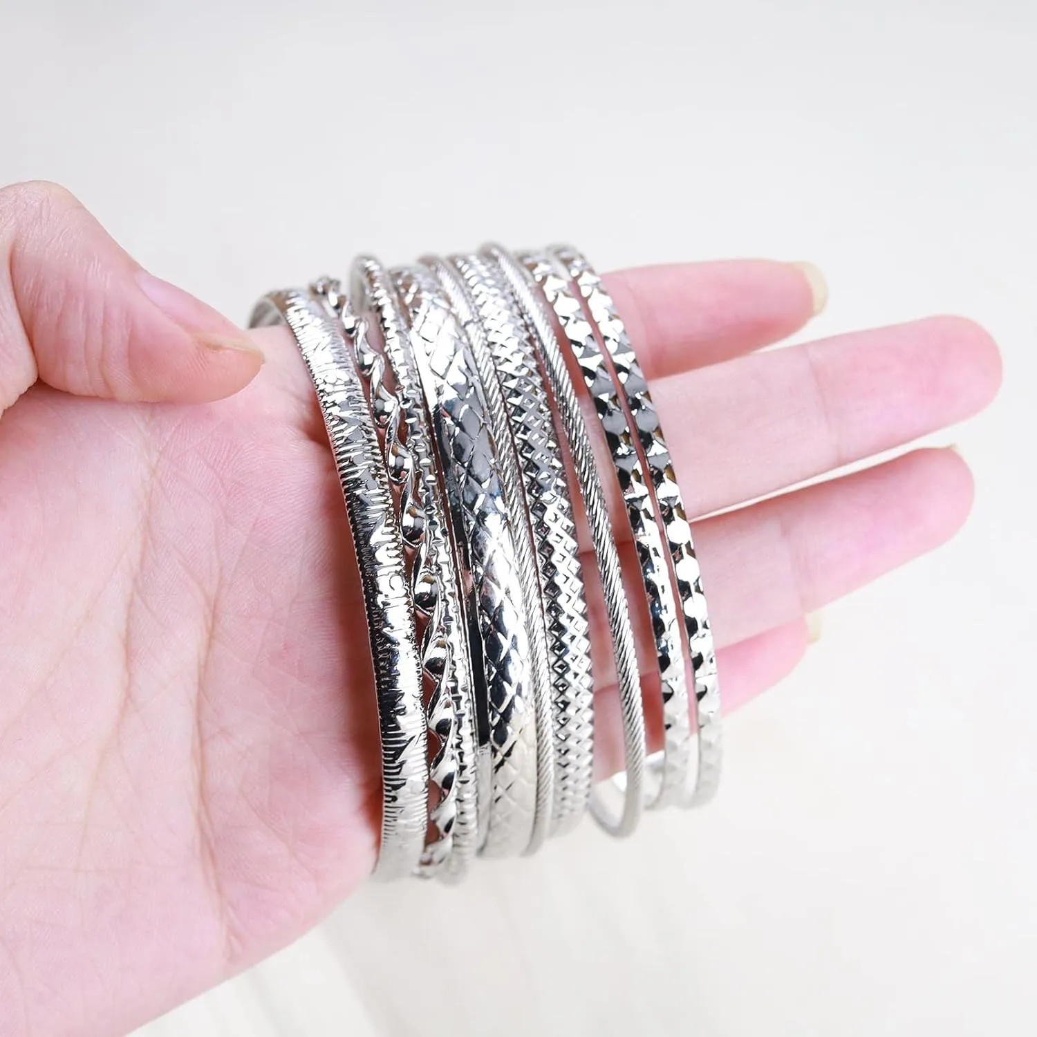 Silver Bangle Bracelet Set for Women Multi Stacking Wide Bangles Indian Bollywood Chunky Bangle Bracelets Ethnic Glossy Textured Bracelets Wedding Outfit Jewelry (10Pcs)
