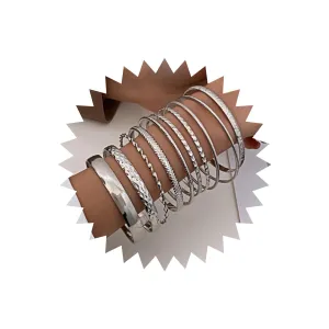 Silver Bangle Bracelet Set for Women Multi Stacking Wide Bangles Indian Bollywood Chunky Bangle Bracelets Ethnic Glossy Textured Bracelets Wedding Outfit Jewelry (10Pcs)