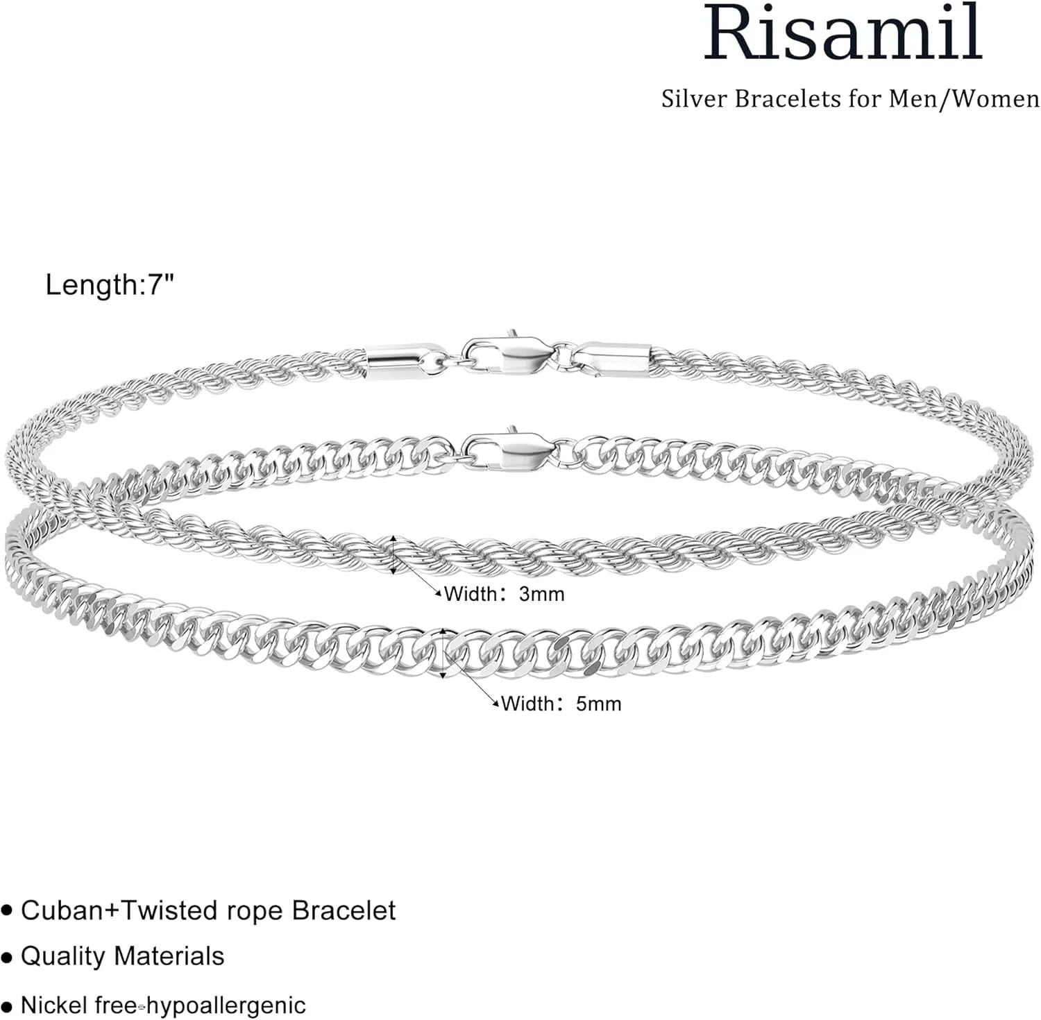 Silver Bracelet for Men - Double Layer Cuban Twisted Rope Design, 3mm/5mm, 6.5-9 Inches - Jewelry Gifts for Men and Women