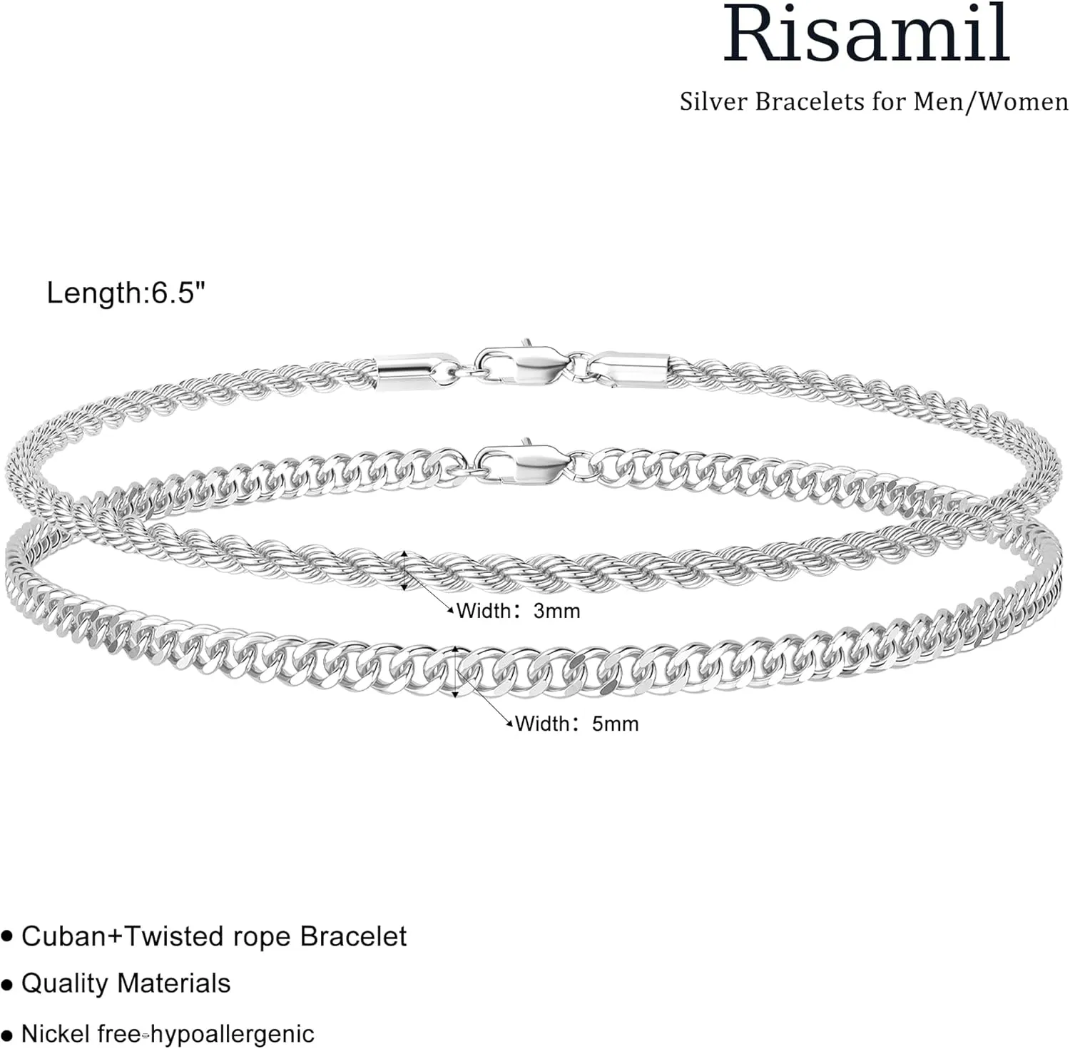 Silver Bracelet for Men - Double Layer Cuban Twisted Rope Design, 3mm/5mm, 6.5-9 Inches - Jewelry Gifts for Men and Women