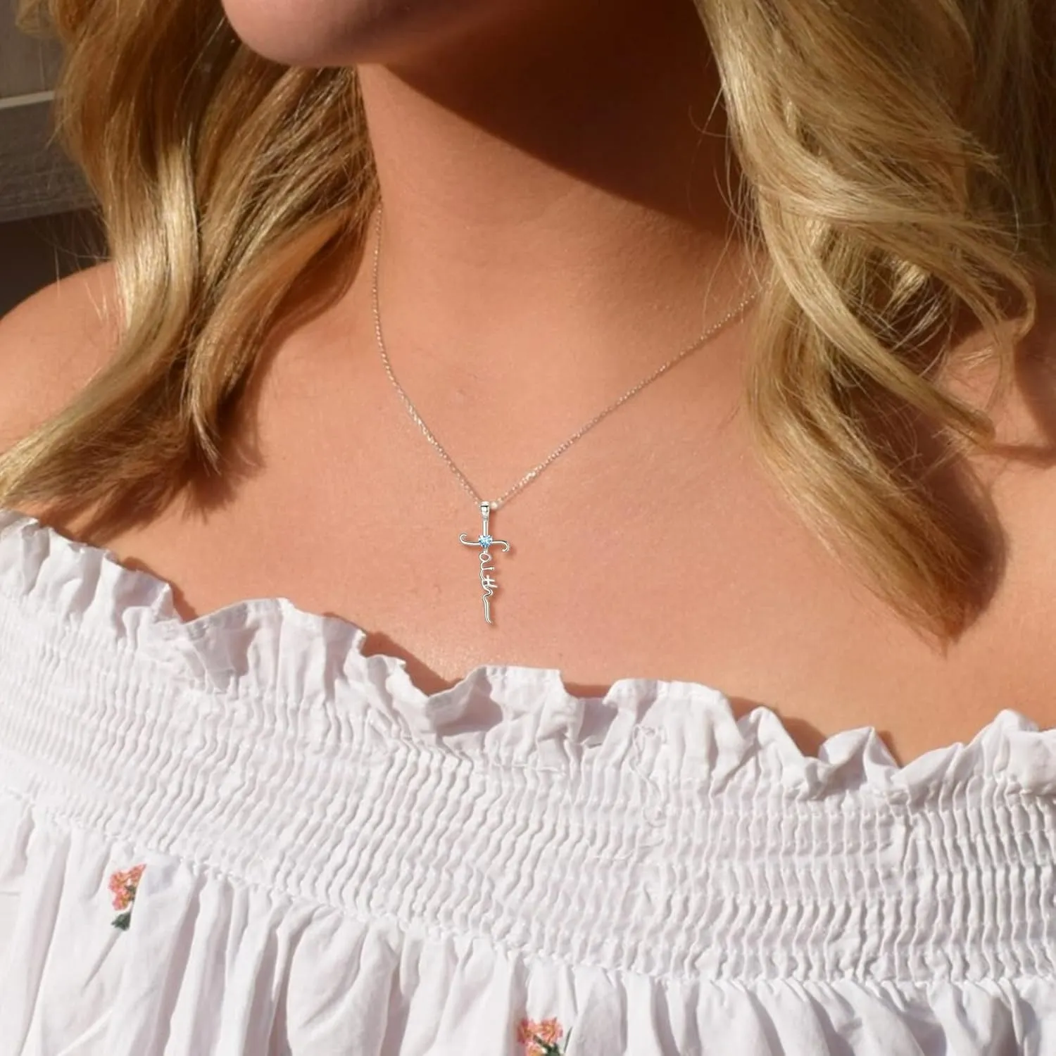 Silver Cross Necklace for Women, Sterling Silver Chain Birthstone Faith Cross Pendant Necklaces Christmas Christian Religious Birthday Gifts for Her, with Gifts Box