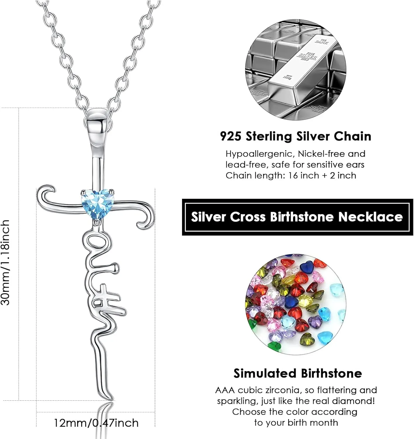 Silver Cross Necklace for Women, Sterling Silver Chain Birthstone Faith Cross Pendant Necklaces Christmas Christian Religious Birthday Gifts for Her, with Gifts Box